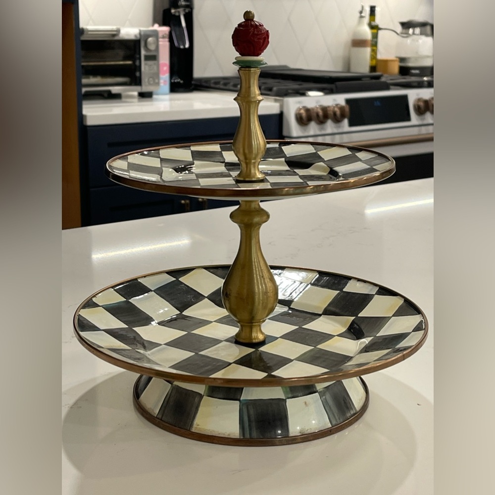 MacKenzie-Childs Courtly Check Enamel Two Tier Sweet Stand.